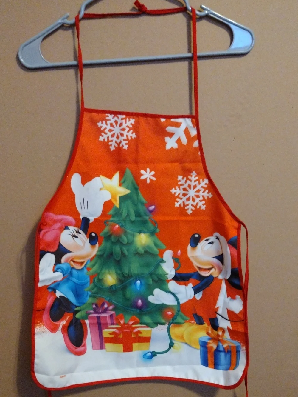 New Disney Kids' Red and Green Christmas Tree Apron with Mickey & Minnie